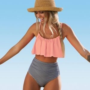 Felnart Cute Ruched High Waisted 2 Piece Bikini Bathing Suit Medium NWT